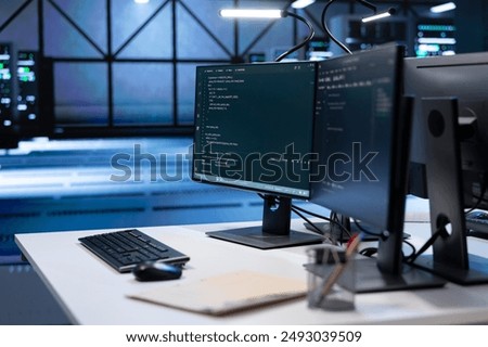 Hardware in high tech facility delivering immense computing power, capable of processing and storing vast amounts of data. Close up of computers and server racks rows controlling network resources