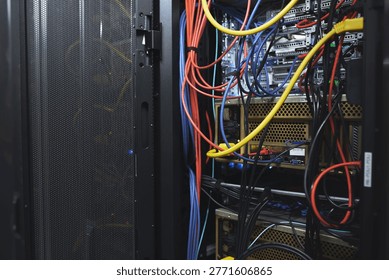 Hardware, wiring and computing equipment in server room for database storage, cybersecurity or power. IT system, rack or cables in data center for network switches, information security or connection