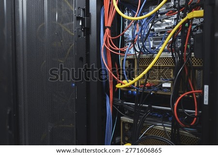 Hardware, wiring and computing equipment in server room for database storage, cybersecurity or power. IT system, rack or cables in data center for network switches, information security or connection