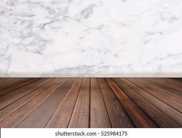 Hardwood Floor With White Marble Stone Wall Texture Background