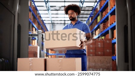 Hardworking delivery man in uniform loading cargo into van at warehouse.