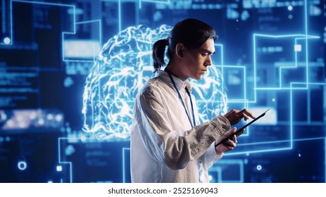 Hardworking system administrator in data center uses artificial intelligence computing simulating human brain thought processes. Server room manager works on tablet with AI machine learning algorithms