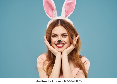 Hare Woman Ears On Blue Background Stock Photo 1055628875 | Shutterstock