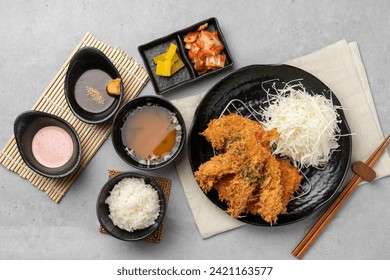 Harekatsu, pork cutlet, shrimp cutlet, kimchi fried rice, kimchi, cheese katsu, udon, roskatsu, fish cutlet, side dish, sauce, cabbage, food, meal, dinner, dish, meat, rice, cooking, cuisine, pan