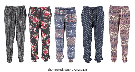Harem pants collection with pattern. High cut harem pants.  Isolated image on a white background. Elastic band on the legs. Unisex. Set.