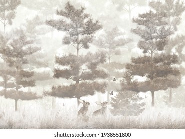 Hares Play, Pine Trees In The Fog, Forest, Catching Butterflies, Wallpaper Design