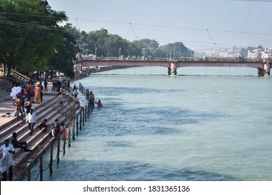 Haridwar, Uttarakhand/ India - October 9 2020: indian people taking bath in haridwar ganga ghat, uttarakhand Tourism 