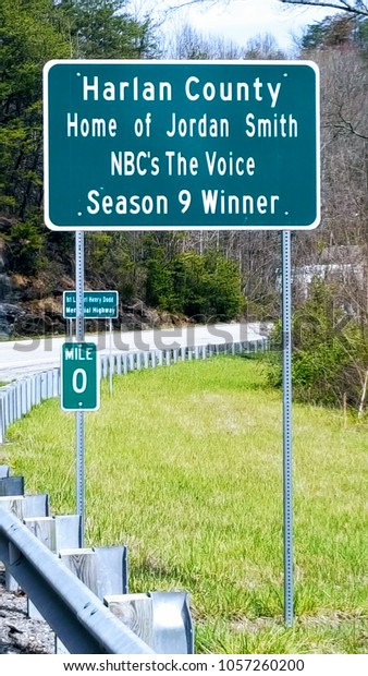 Harlan,\
KY US - March 25, 2018 A road sign on Highway US 119 dedicated to\
Jordan Smith, winner of NBC\'s The Voice Season 9\
