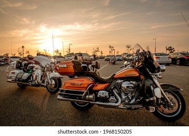 Harley Davidson Parked At Sunset In South Korea, September 20, 2015