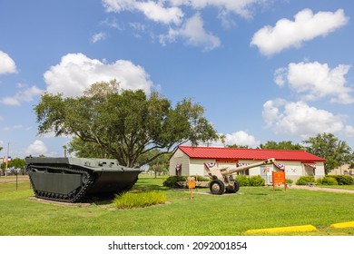 Harlingen, Texas, USA - June 24, 2021: The Marine Military Academy Museum, Display Of Artillery And Armored Fighting Vehicles