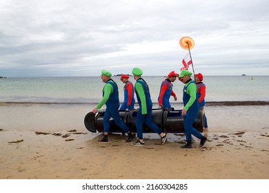 Harlyn Bay Cornwall England UK August 24 2014 Harlyn Surf Lifesaving Club Annual Great Atlantic Raft Race