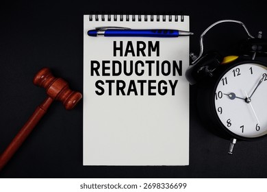 Harm Reduction Strategy text written on notepad with gavel and alarm clock on black background