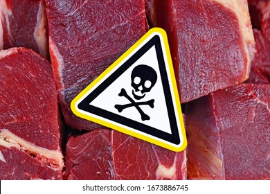 Harmful Bacteria In Meat For Human Consumption Concept, Showing Chunks Of Red Meat With Yellow Skull Toxic Warning Sign