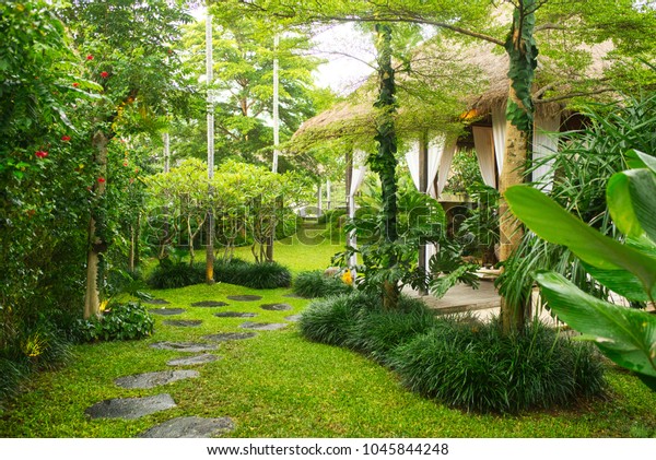 Harmonic Balinese Garden  Zen  Concept Wooden Stock Photo  