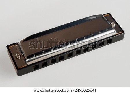 Harmonica on a white background, a classic musical instrument ideal for jazz, blues and folk music.