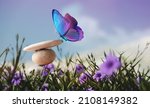 Harmony of Life Concept. Surrealist Butterfly on the Pebble Stone Stack in Garden. Metaphor of Balancing Nature and Technology. Calm, Mind, Life Relaxing and Living by Nature