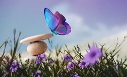 Harmony Of Life Concept. Surrealist Butterfly On The Pebble Stone Stack In Garden. Metaphor Of Balancing Nature And Technology. Calm, Mind, Life Relaxing And Living By Nature