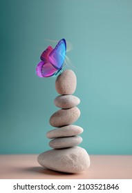 Harmony of Life Concept. Surrealist Butterfly on the Pebble Stone Stack. Metaphor of Balancing Nature and Technology. Calm, Mind, Life Relaxing and Living by Nature. Vertical image