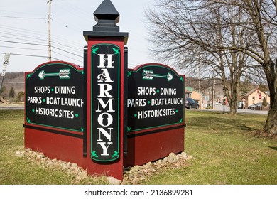 Harmony, PA USA - March 18 2022: The sun shines over the Historic Harmony Sign in Pennsylvania.