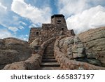 Harney Peak Fire Lookout Tower and stone stairs in Custer State Park in the Black Hills of South Dakota USA