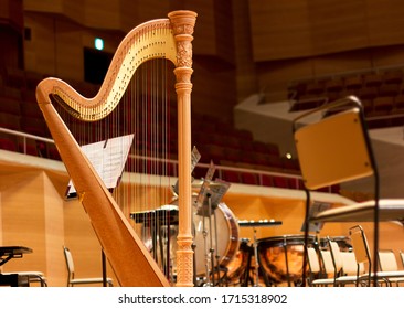 Harp In A Large Concert Hall. Musical Instrument.The Concert Harp