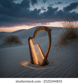 The harp stands elegantly, its delicate wooden frame polished to a high sheen, reflecting the soft light of the room - Powered by Shutterstock