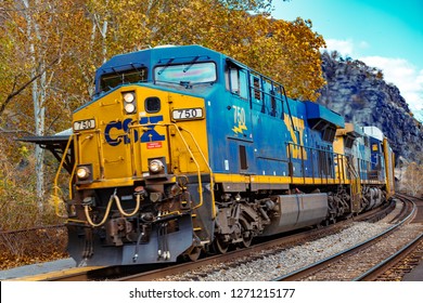 Harpers Ferry, WV, USA - November 3, 2018: A CSX freight train enters West Virginia from Maryland.