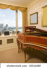 harpsichord in luxurious penthouse bedroom suite with view of the east river in new york city