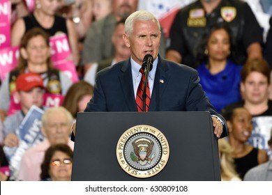 HARRISBURG, PA - APRIL 29, 2017:  Vice President Mike Pence Speaking At A Trump Campaign Rally Marking 100 Days In Office At The Farm Show Complex And Expo Center.