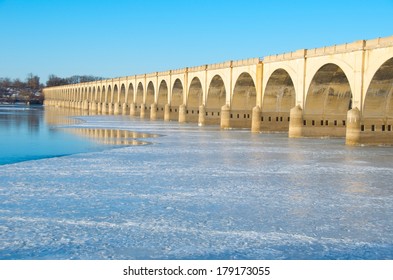 Harrisburg PA Bridge In Frigid Weather With Ice And Sunny Skies