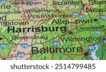 Harrisburg, PA marked by a gold map tack. The City of Harrisburg is the county seat of Dauphin County and the capital of Pennsylvania.