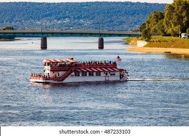 Harrisburg, PA - September 3, 2016: The Pride Of The Susquehanna Riverboat Cruises Near The Interstate 81 Bridge.