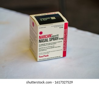 Harrisburg, PA / USA - January 9, 2020: Narcan Nasal Spray Is A Prescription Medication Used To Block The Effects Of Opioids And Prevent Overdose.