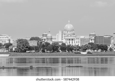 Harrisburg Panorama With State Capitol Complex And Landmarks, PA
