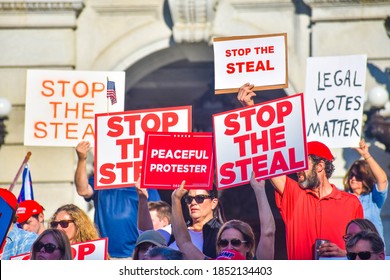 Harrisburg, Pennsylvania / United States of America - November 6th 2020: Republicans gather on the steps of the Pennsylvania State Capitol Complex to advocate for fair voting in the U.S 2020 Election