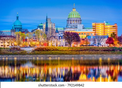 Harrisburg, Pennsylvania, USA downtown city skyline on the Susquehanna River.
