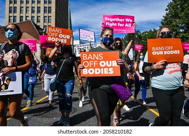 Harrisburg, Pennsylvania USA - October 2nd, 2021: Pro-Chocie Protestors gather at the "Bans Off Our Bodies" Rally at the Pennslyvania State Capitol to protest Texas' Anti-Abortion laws