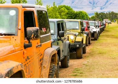 Harrismith, South Africa - October 02 2015: Jeep Convoy At 4x4 Driver Training Camp In The Drakensberg