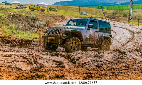 Harrismith, South Africa -\
October 02 2015: 4x4 Mud Driver Training at Camp Jeep in the\
Drakensberg