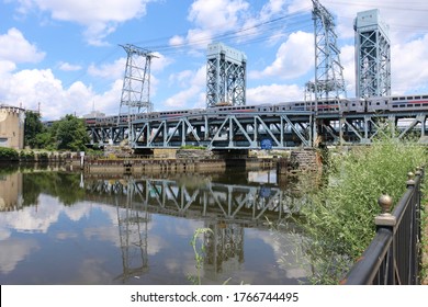 Harrison, NJ - June 28 2020: A NJ Transit Commuter Train Crosses The Newark Drawbridge