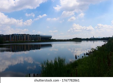 Harrison, NJ - June 28 2020: View Of The Passaic River From The Essex County Riverfront Park