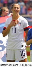 HARRISON, NJ - MAY 26, 2019: U.S. Women's National Soccer Team Captain Carli Lloyd #10 During National Anthem Before Friendly Game Against Mexico As Preparation For 2019 Women's World Cup