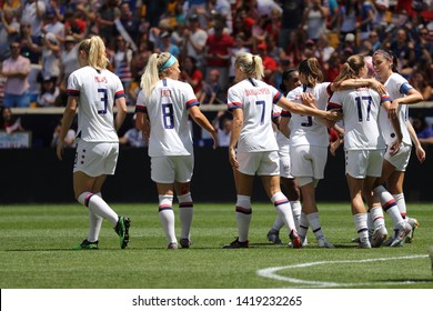 HARRISON, NJ - MAY 26, 2019: U.S. Women's National Soccer Team celebrates scoring goal during friendly game against Mexico as preparation for 2019 Women's World Cup in Harrison, NJ. USA won 3 - 0