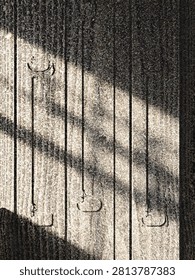 Harsh sunlight casts dynamic vertical and abstract curved shadows onto a rough, granular surface