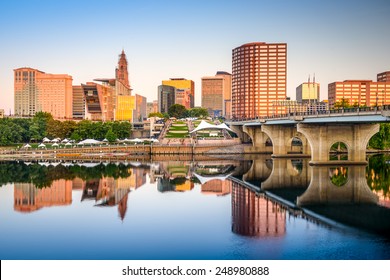 Hartford, Connecticut, USA downtown city skyline on the river.