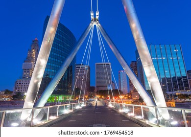 Hartford, Connecticut, USA Downtown Skyline And Bridge At Night.