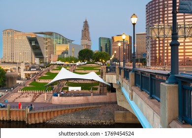 Hartford, Connecticut, USA Downtown Skyline And Bridge At Dusk.