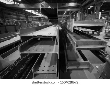 Hartford, Connecticut / USA - September 6, 2019: Steel Beam Under Manufacturing Process In Steel Fabrication Shop 