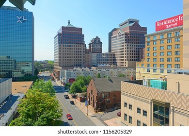 HARTFORD, CT, USA - AUG. 16, 2015: Hartford Modern City Skyline On Market Street In Downtown Hartford, Connecticut CT, USA.