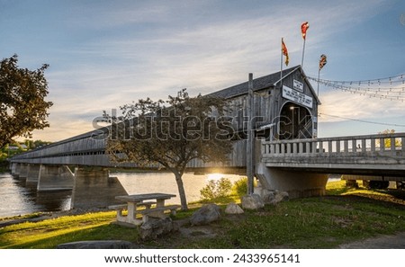 Hartland Covered Bridge side angled view with sunset in background